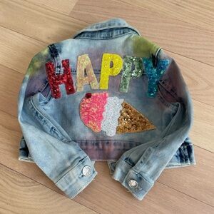 Baby Sara Sequin HAPPY Ice Cream Denim Jacket 18M Toddler Acid Wash Like New